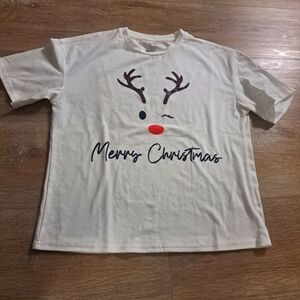 SHEIN Kids Christmas Reindeer White T-Shirt Merry Christmas Red Nose Reindeer